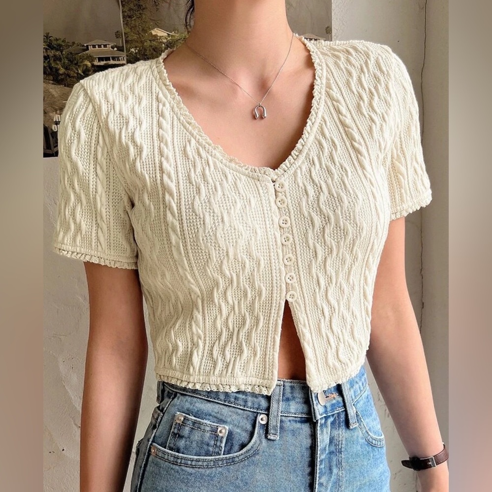 Cream Knit Front Button Tee - Picture 2 of 2